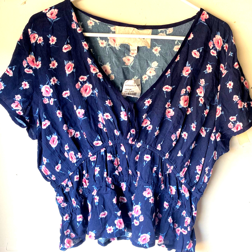 Hiatus blue vneck floral top dolman sleeve nwot